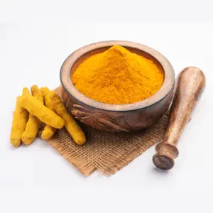 Dry Turmeric Dust or Haldi Powder also known as curcuma longa linn, selective focus